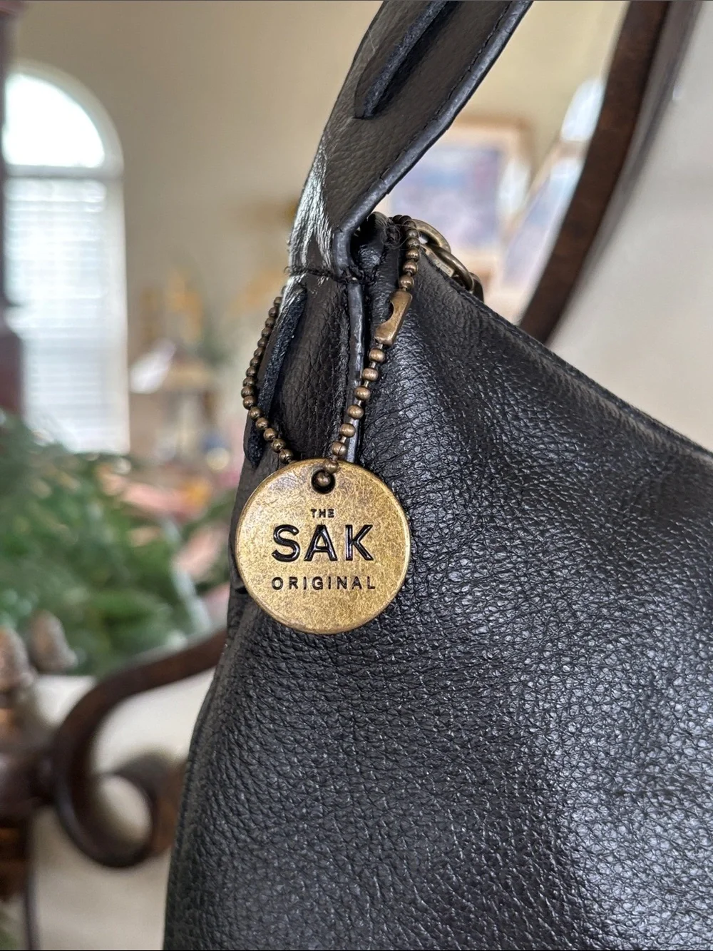 Vintage THE SAK Genuine Leather Black Zippered Hobo Shoulder Bag Studded Braided